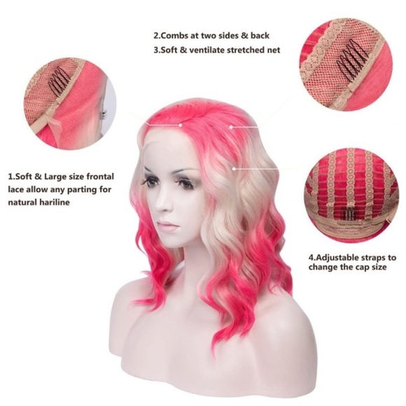 14”Pink Blonde LaceFront Short Bob Wavy Wigs main image 4